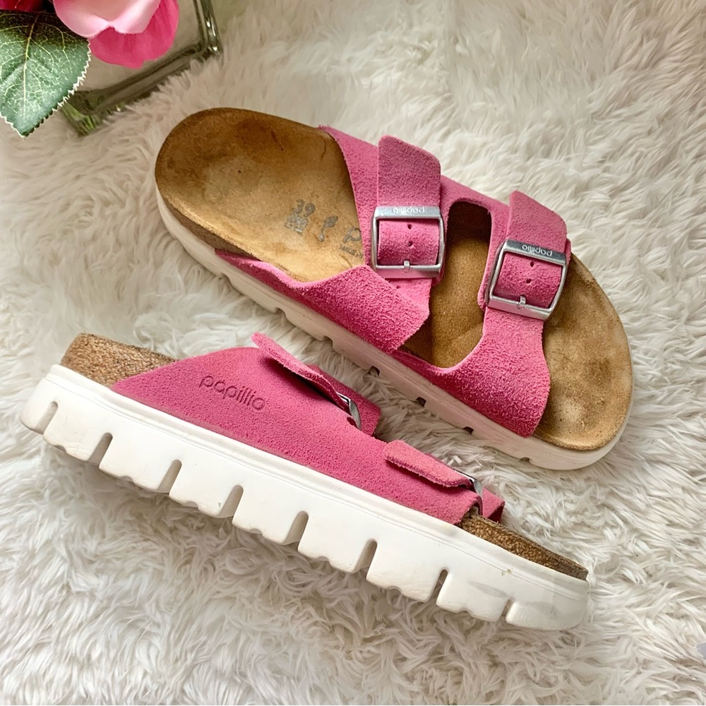 Birkenstock Papillio Arizona Buckle Suede Leather Slide Sandals Pink EU 39